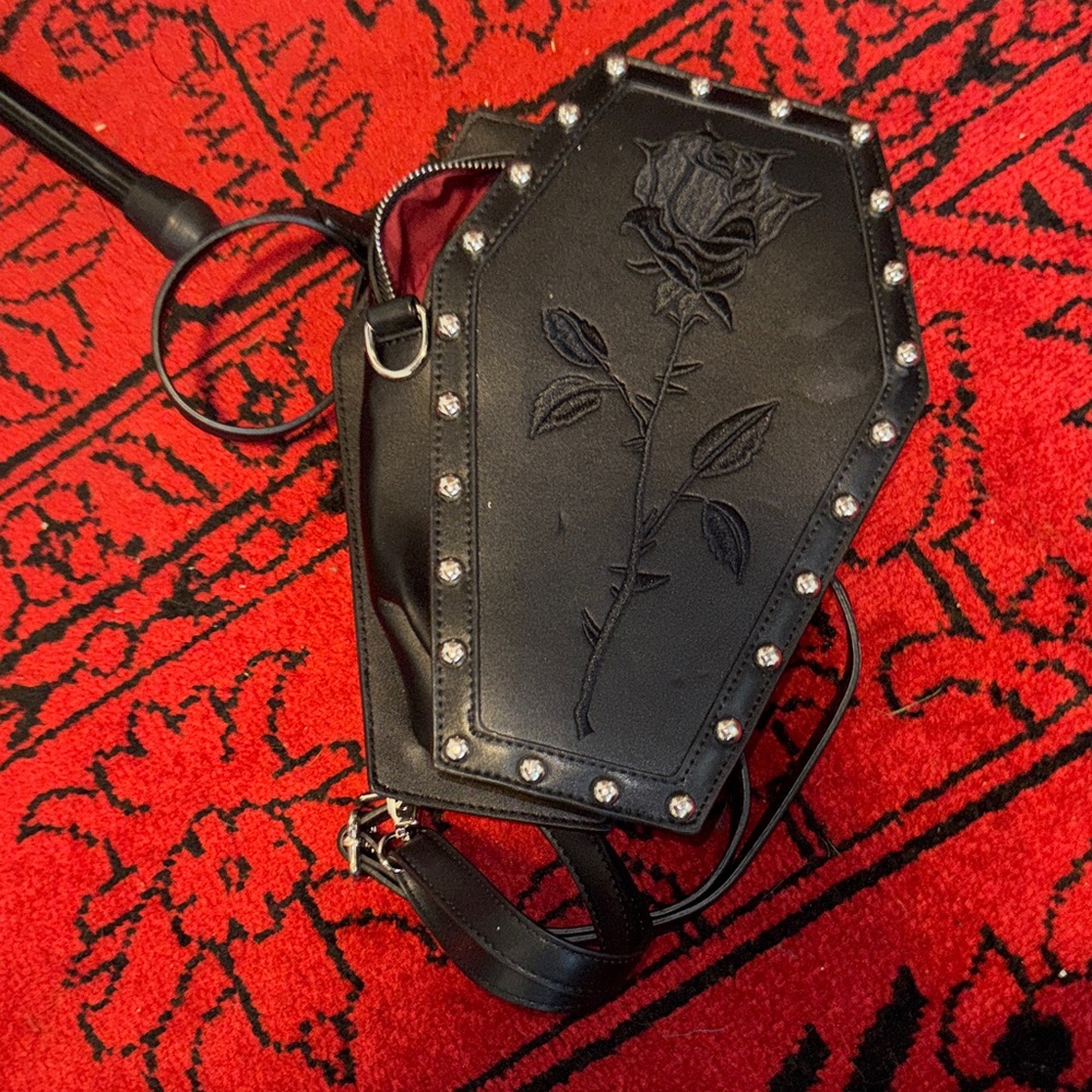 Dolls Kill Black Coffin Crossbody Bag with Rose Embroidery